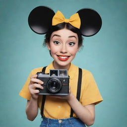 A 2D rendering of a beloved Disney character, holding a vintage Polaroid camera, captured in a vivid, playful style.