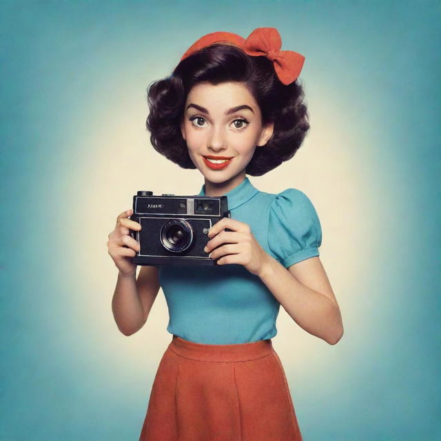 A 2D rendering of a beloved Disney character, holding a vintage Polaroid camera, captured in a vivid, playful style.