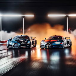 A head-to-head drag race between a sleek Koenigsegg and a powerful Bugatti. Both cars are emitting fire from their exhausts signifying high speed, on a professional drag racing track.