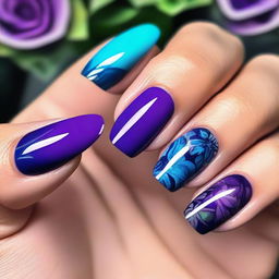 A premium quality digital art image showcases short nails with floral designs at the tips, painted in a striking palette of blues and purples