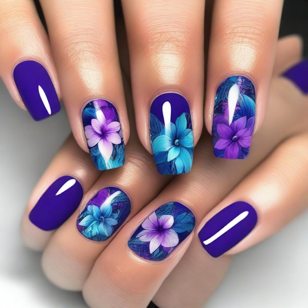 A premium quality digital art image showcases short nails with floral designs at the tips, painted in a striking palette of blues and purples