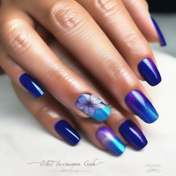 A premium quality digital art image showcases short nails with floral designs at the tips, painted in a striking palette of blues and purples