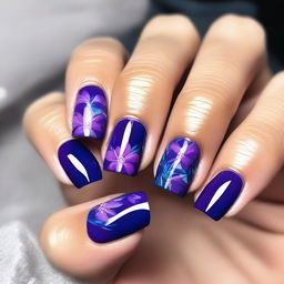 A premium quality digital art image showcases short nails with floral designs at the tips, painted in a striking palette of blues and purples