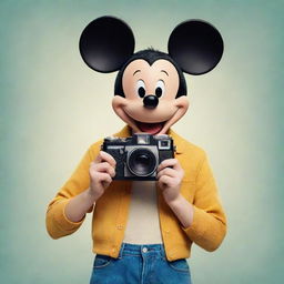 A 2D rendering of a beloved Disney character, holding a vintage Polaroid camera, captured in a vivid, playful style.