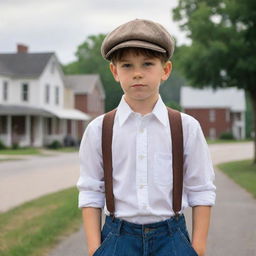 A classic styled young boy, dressed in a newsboy hat, a white collared shirt, suspenders, and cuffed jeans, with a backdrop of a peaceful, quiet small town.