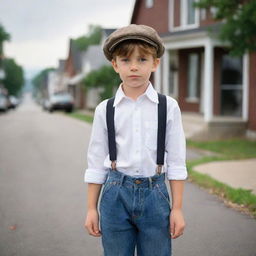 A classic styled young boy, dressed in a newsboy hat, a white collared shirt, suspenders, and cuffed jeans, with a backdrop of a peaceful, quiet small town.