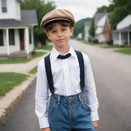 A classic styled young boy, dressed in a newsboy hat, a white collared shirt, suspenders, and cuffed jeans, with a backdrop of a peaceful, quiet small town.