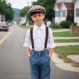 A classic styled young boy, dressed in a newsboy hat, a white collared shirt, suspenders, and cuffed jeans, with a backdrop of a peaceful, quiet small town.