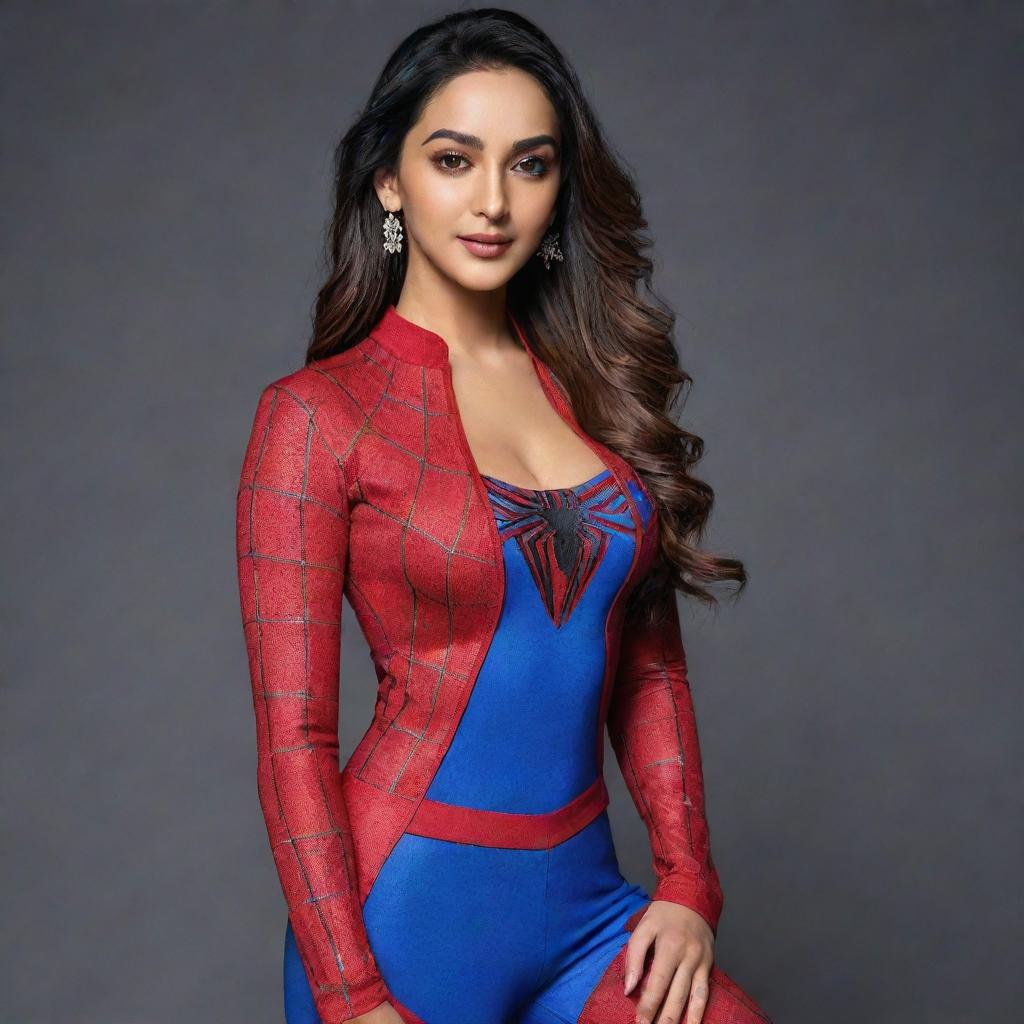 Generate an image of Kiara Advani dressed in a stylish, Spiderman-themed outfit.