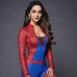 Generate an image of Kiara Advani dressed in a stylish, Spiderman-themed outfit.