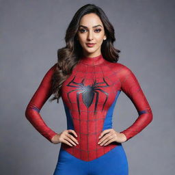 Generate an image of Kiara Advani dressed in a stylish, Spiderman-themed outfit.