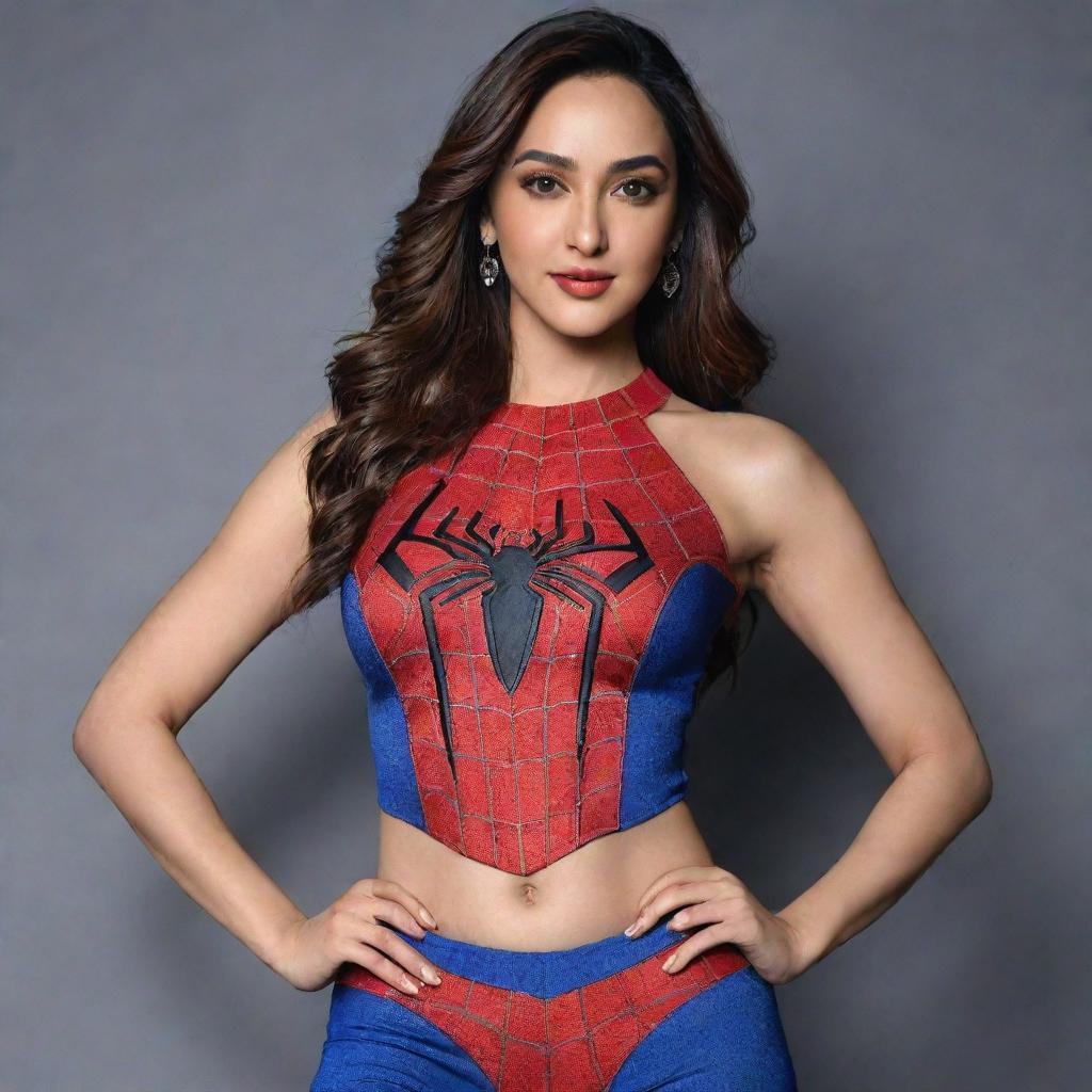 Generate an image of Kiara Advani dressed in a stylish, Spiderman-themed outfit.