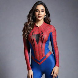 Generate an image of Kiara Advani dressed in a stylish, Spiderman-themed outfit.