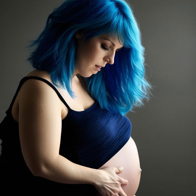 A pregnant woman with striking blue hair, touching her belly gently.