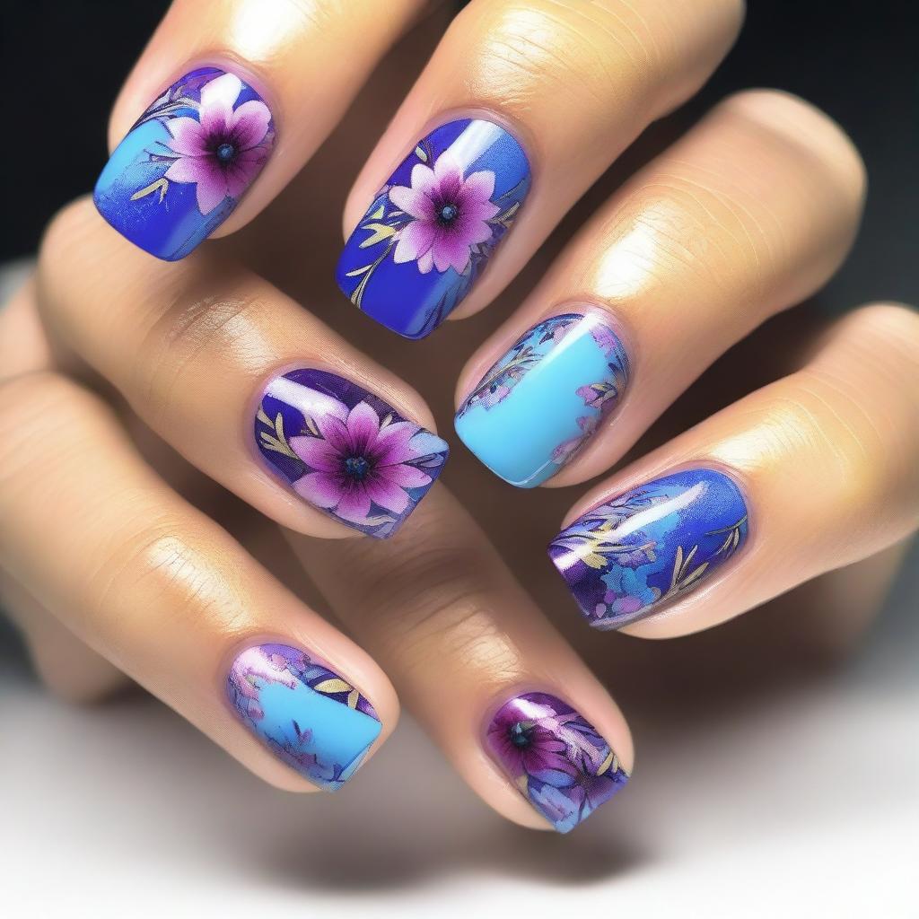 This high-quality digital art image presents short nails adorned with spring-inspired floral designs