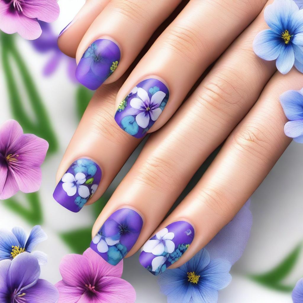 This high-quality digital art image presents short nails adorned with spring-inspired floral designs