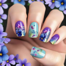 This high-quality digital art image presents short nails adorned with spring-inspired floral designs