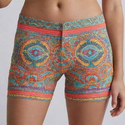 A pair of trendy hot pants in bright, summery colors with intricate designs