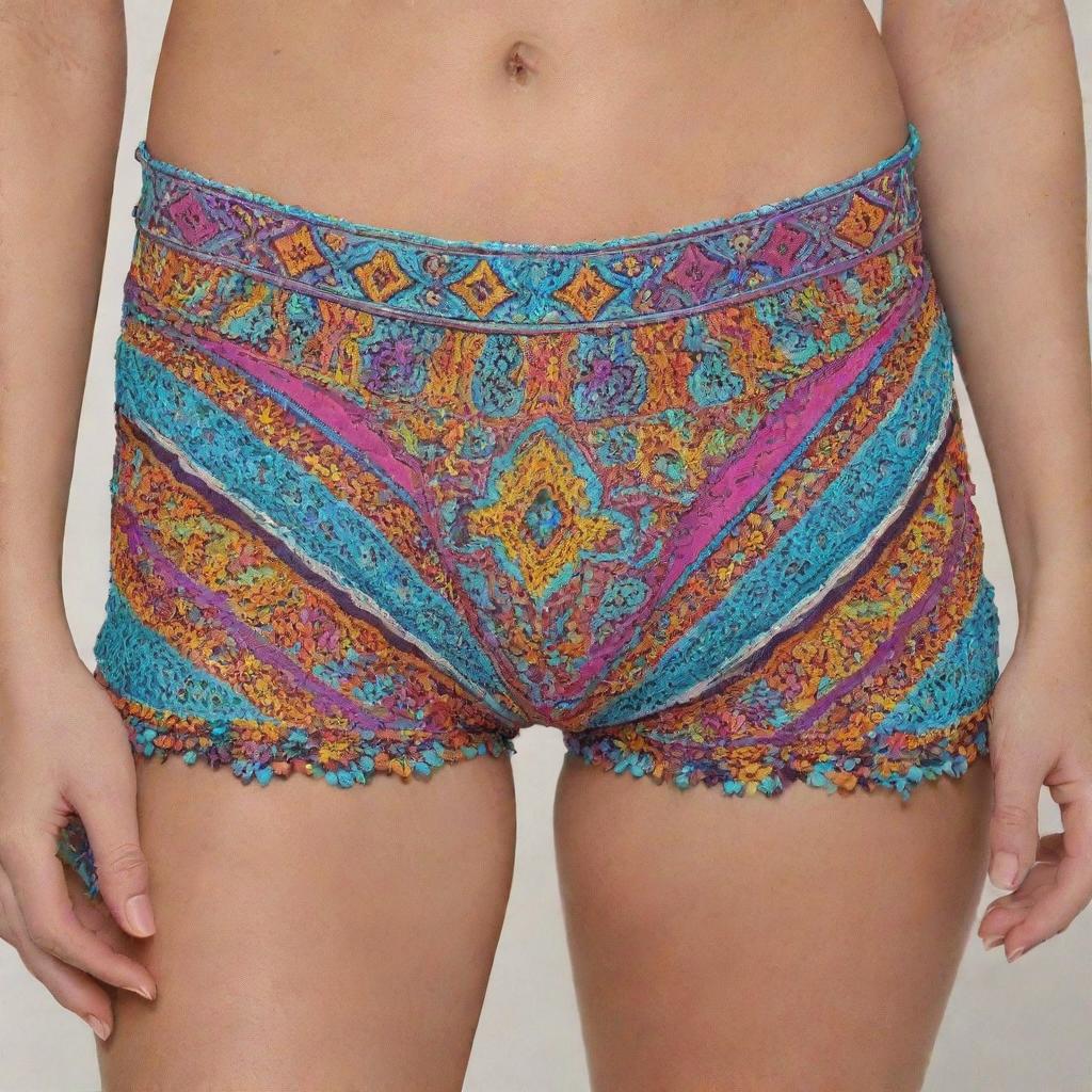 A pair of trendy hot pants in bright, summery colors with intricate designs