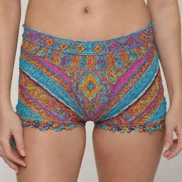 A pair of trendy hot pants in bright, summery colors with intricate designs