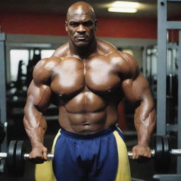 Ronnie Coleman, highly defined and muscular, in the middle of an intense workout lifting dumbbells in a well-equipped gym.