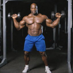 Ronnie Coleman, highly defined and muscular, in the middle of an intense workout lifting dumbbells in a well-equipped gym.