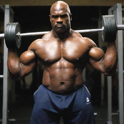 Ronnie Coleman, highly defined and muscular, in the middle of an intense workout lifting dumbbells in a well-equipped gym.