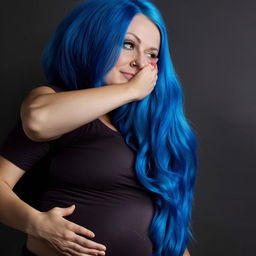 A pregnant woman with striking blue hair, touching her belly gently.