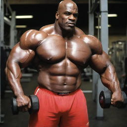 Ronnie Coleman, highly defined and muscular, in the middle of an intense workout lifting dumbbells in a well-equipped gym.