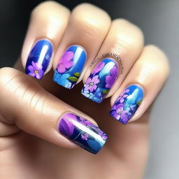 This is a high-resolution digital art image that showcases short coffin-shaped nails painted with blue and purple floral designs