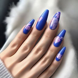 This is a high-resolution digital art image that showcases short coffin-shaped nails painted with blue and purple floral designs