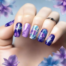 This is a high-resolution digital art image that showcases short coffin-shaped nails painted with blue and purple floral designs