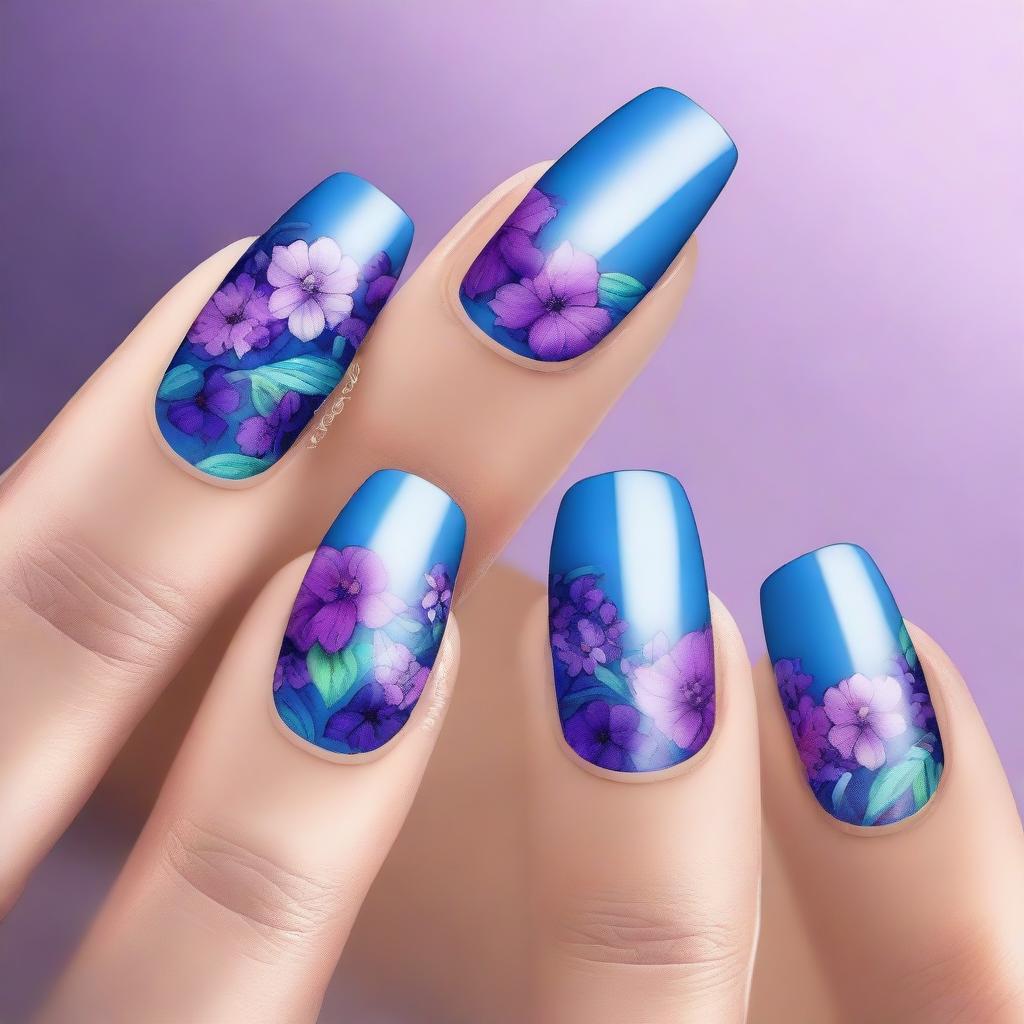 This is a high-resolution digital art image that showcases short coffin-shaped nails painted with blue and purple floral designs