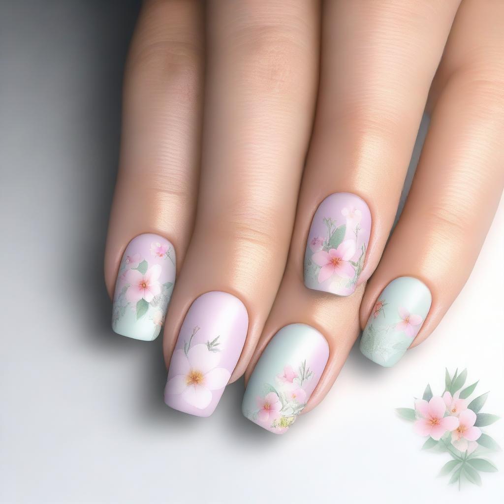 An exquisite digital art image displaying soft, spring-themed nails