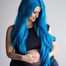 A pregnant woman with striking blue hair, touching her belly gently.