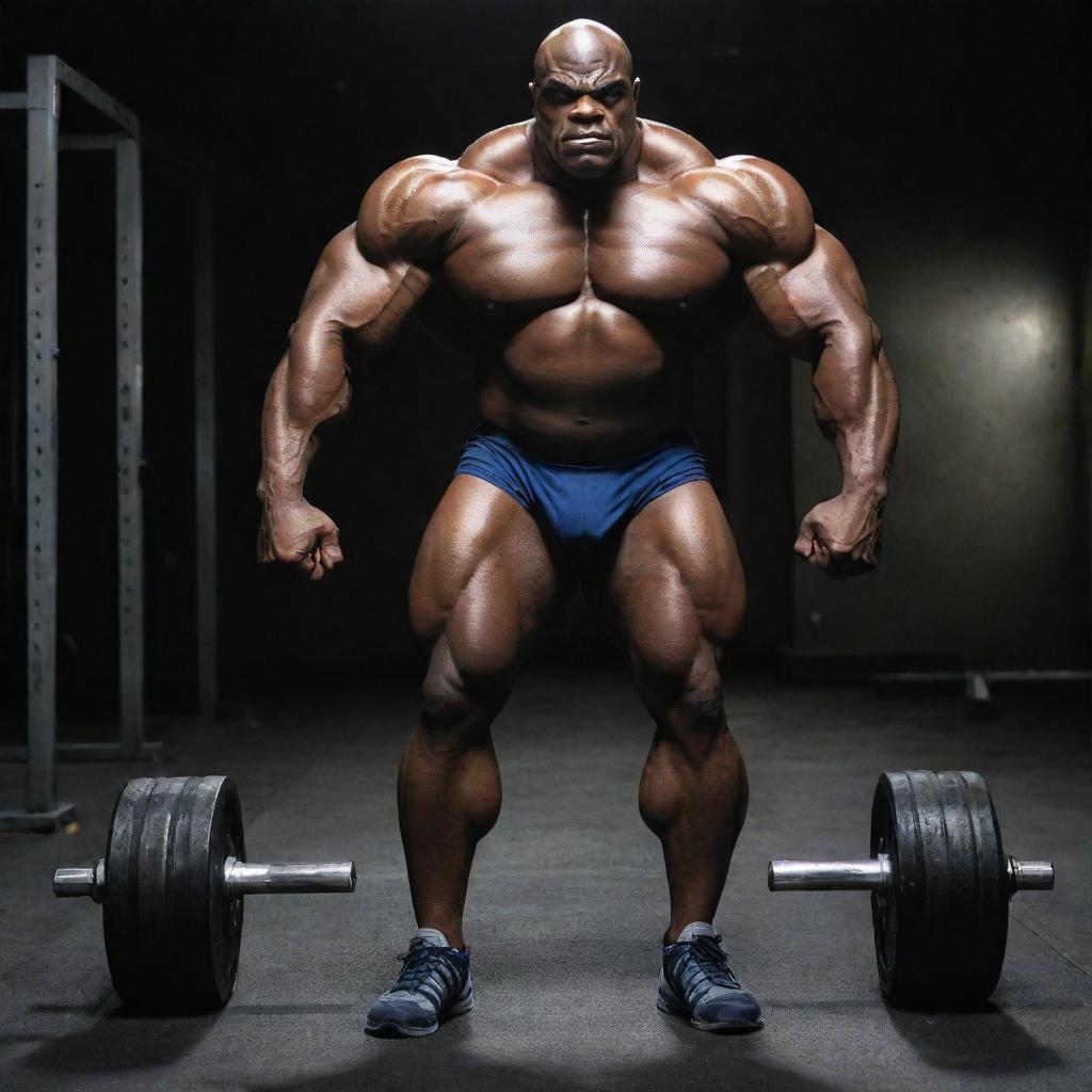 A terrifying version of Ronnie Coleman, with his muscles exaggerated to monstrous proportions, ominously lifting dumbbells amidst the eerie, dim lighting of a deserted gym.