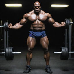 A terrifying version of Ronnie Coleman, with his muscles exaggerated to monstrous proportions, ominously lifting dumbbells amidst the eerie, dim lighting of a deserted gym.