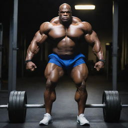 A terrifying version of Ronnie Coleman, with his muscles exaggerated to monstrous proportions, ominously lifting dumbbells amidst the eerie, dim lighting of a deserted gym.