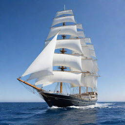 Generate an image of a majestic ship sailing on the open ocean, with white sails billowing in the wind against a clear blue sky.