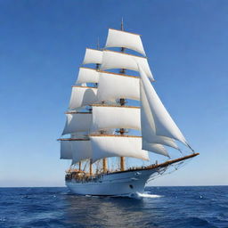 Generate an image of a majestic ship sailing on the open ocean, with white sails billowing in the wind against a clear blue sky.