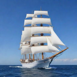 Generate an image of a majestic ship sailing on the open ocean, with white sails billowing in the wind against a clear blue sky.