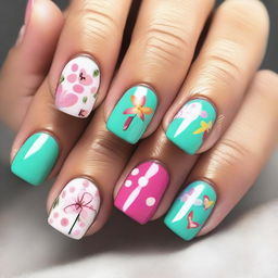 This is a high-resolution digital art image featuring short nails decorated with spring-inspired designs