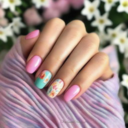 This is a high-resolution digital art image featuring short nails decorated with spring-inspired designs