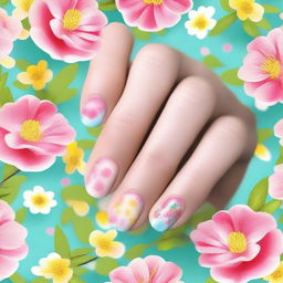 This is a high-resolution digital art image featuring short nails decorated with spring-inspired designs