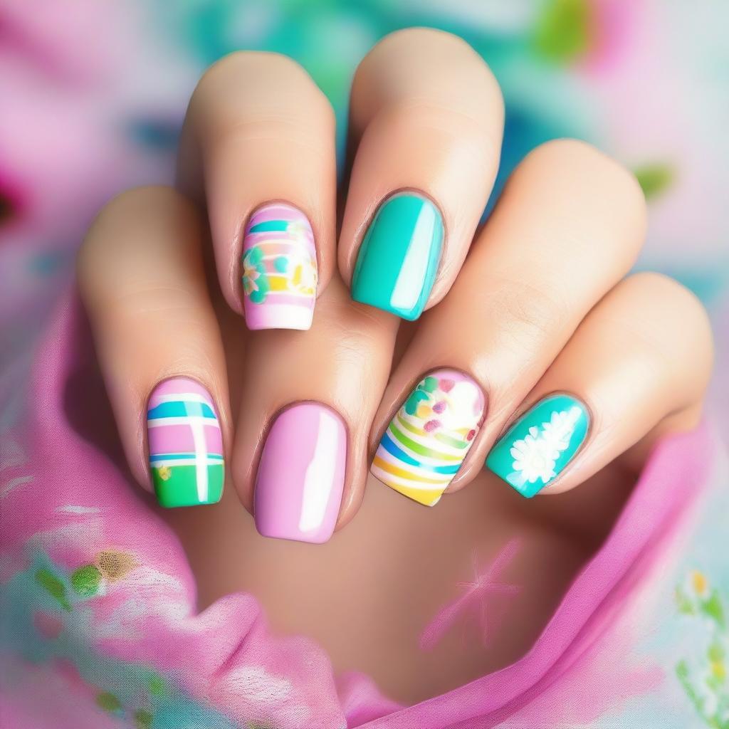 This is a high-resolution digital art image featuring short nails decorated with spring-inspired designs