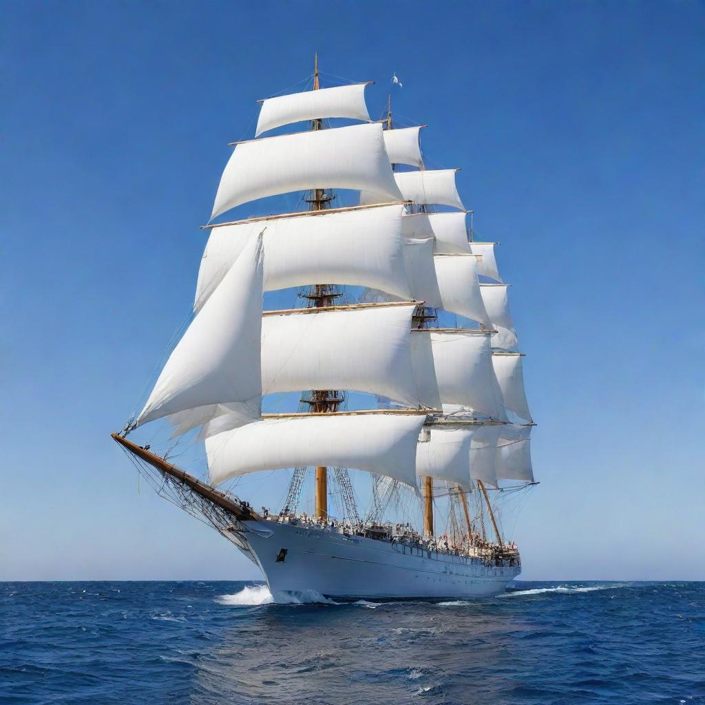 Generate an image of a majestic ship sailing on the open ocean, with white sails billowing in the wind against a clear blue sky.