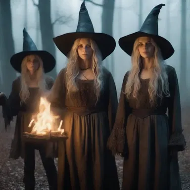 In the horror movie, the trine of witches cast a spell to bring destruction upon the town.