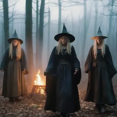 In the horror movie, the trine of witches cast a spell to bring destruction upon the town.