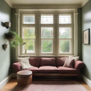 The trine of windows in the Victorian house allowed ample natural light into the room.