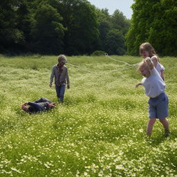 Cheerful children in a sunny field, engrossed in making daisy chains; while in the peaceful distance a single, harmless zombie is humorously decorated with daisies.